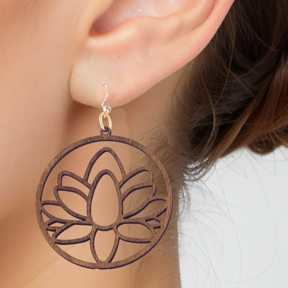 Wooden Lotus Earrings 2” - Picture 2 of 4